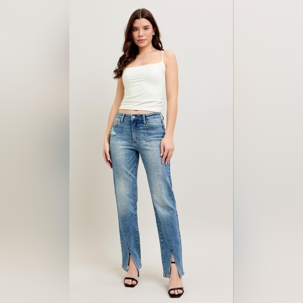 Judy Blue HR Vintage Med Wash Front Seam Split Hem Straight Jeans Reg Plus NEW